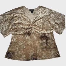 Vtg Y2K Venezia Shirt Womens 22/24 Gold Crushed Velvet Paisley Babydoll Top