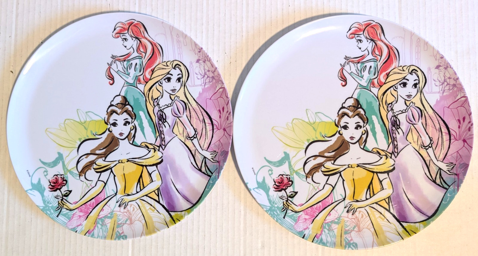 2 Zak! Designs Disney Princess Melamine 10" Dinner Plates Ariel Belle Rapunzel