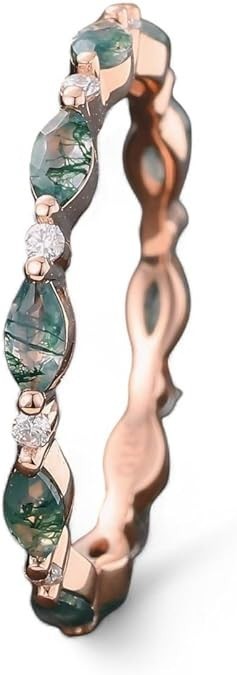Dainty Marquise cut Moss agate wedding band Unique Rose gold Full eternity weddi