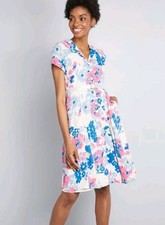 Modcloth Floral Blue Pink Button Down Collared Dress Retro Size Small