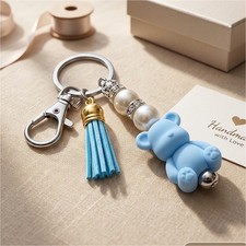 Handmade Blue Bear Key Chain with Tassel, Pearls, and Rhinestone Accents