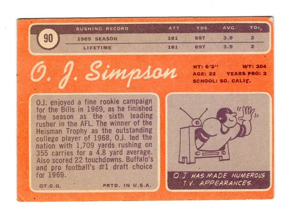 1970 Topps NFL O.J. Simpson Rookie Card #90 Buffalo Bills USC - Image 2 of 2
