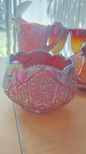 Vtg INDIANA CARNIVAL GLASS HEIRLOOM SUNSET RUBY RED HOBSTAR ARCHES BOWL DISH 6"