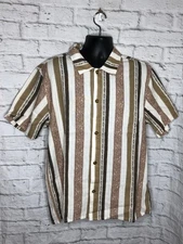Men’s Rhythm Short Sleeve Button Up Shirt Camp Collar Beige brown stripe Sz L