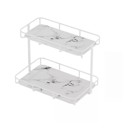 2 Tier Countertop Vanity Organizer in Cream Stainless Steel and White Marble for