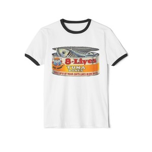 Wacky Packages 8 Lives Tuna Cat Food Can Printed Ringer T-Shirt 9 Lives Parody