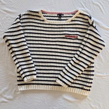 Tommy Hilfiger Womens Striped Knit Sweater Large White Navy 90s Cozy