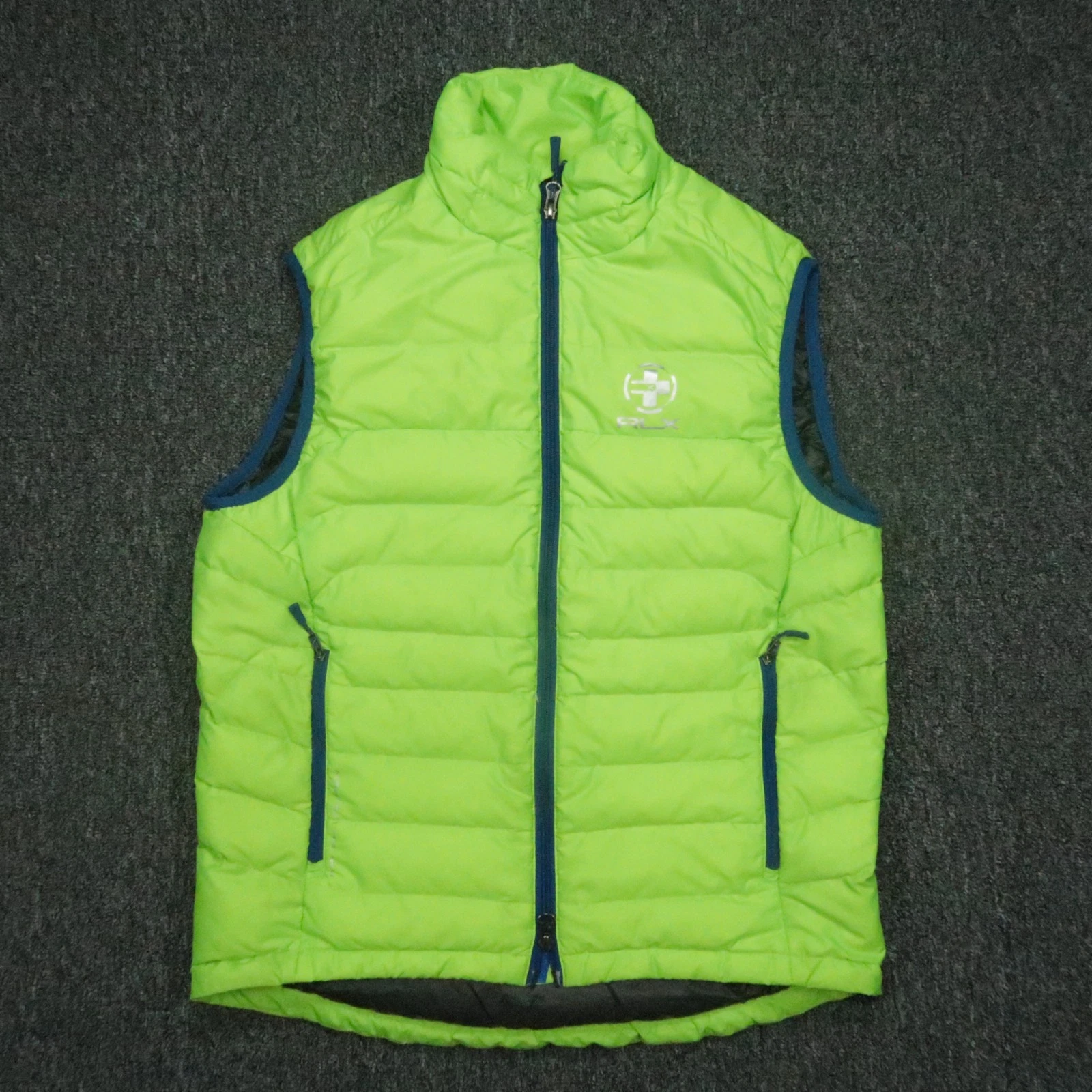 RLX Ralph Lauren Vest Mens Medium Green Down Insulated Full Zip Pockets Puffer