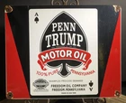 LARGE VINTAGE 1936 DATED PENN TRUMP MOTOR OIL 15” PORCELAIN GAS STATION SIGN