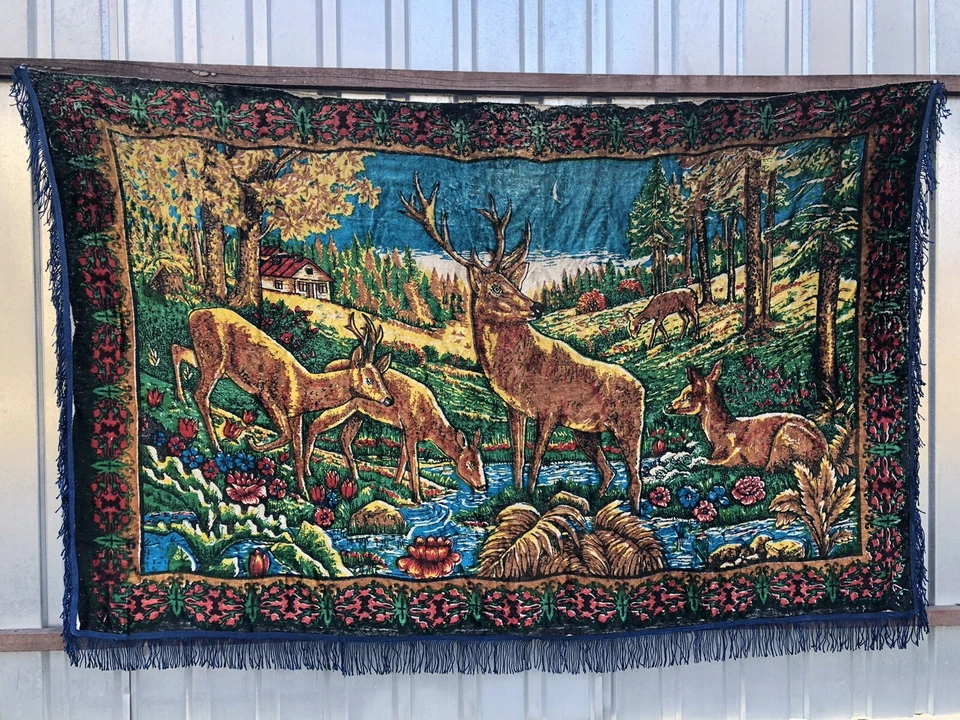 Alfombra de pared de felpa vintage tapiz ciervo URSS en el lugar de riego 2,12-1,30 cm Foto 2 de 4