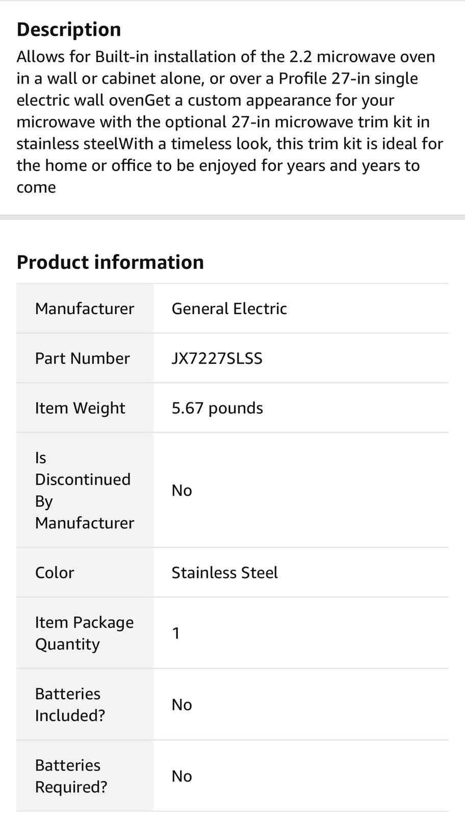 GE STAINLESS (look) TRIM KIT JX7227SLSS FOR 27” MICROWAVES, Cpics eBay