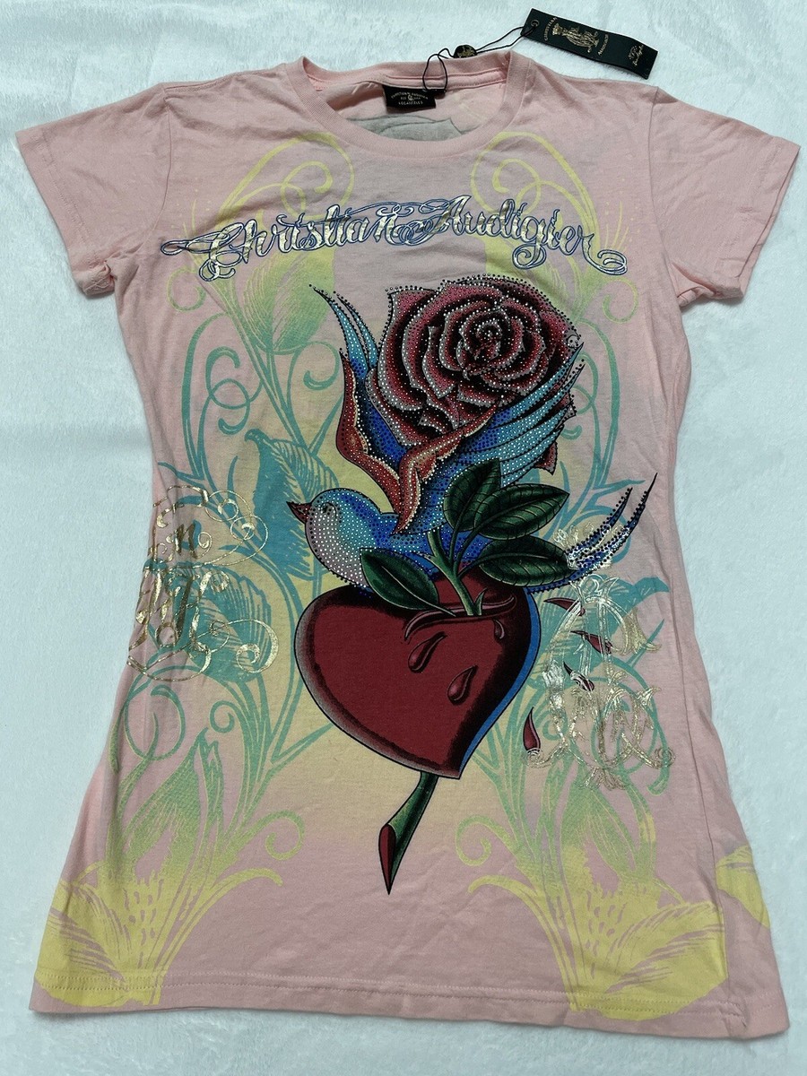 Vintage Christian Audigier Women's T-Shirt Pink Size Large