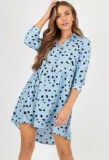 Womens Blue Abstract Animal Print Dipped Hem Mini Shirt Dress