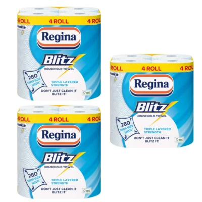 Pack Of 12 Regina Blitz 3 Ply Kitchen PaperTowel Rolls Household Towel Jumbo XXL