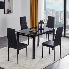 5 Piece Dining Table Set Rectangle Dining Table w/ 4 Upholstered Chair Black