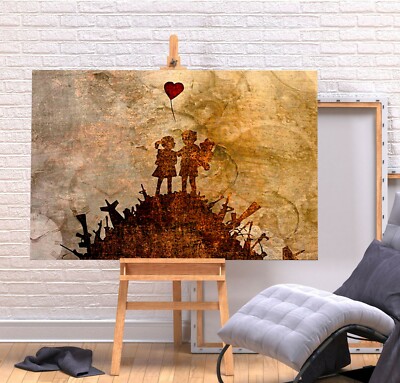 BANKSY KINDER WAFFEN WAFFEN HÜGEL - TIEF GERAHMTES LEINWANDBILD WANDBILD BILD DRUCK SEPIA