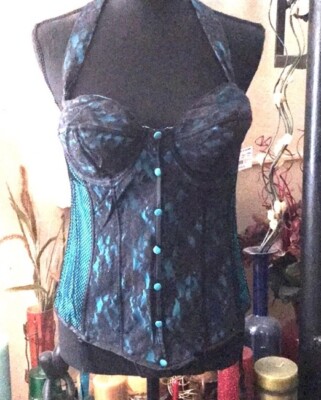 2 Piece Frederick s Blue Black Lace Corset Bustier Shapewear & Thong Panties