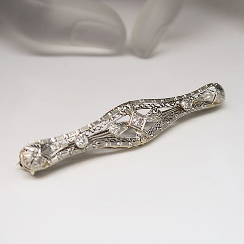 Vintage Brosche mit Altschliff-Diamant in 585/14K Weißgold Handarbeit - Picture 5 of 6