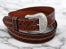 Western Cowboy Ranger Tooled Chestnut Brown Leather Belt Serpentine Size 44