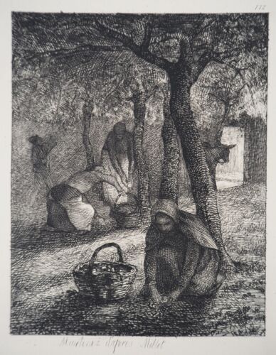 Jean-François MILLET : La récolte des pommes, GRAVURE signée, Durand Ruel, 1873 - Foto 1 di 5