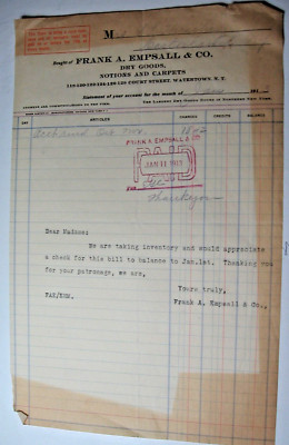 Jan. 1913 Empsall & Co., Watertown,NYInvoice Sent to Company in Castorland, N.Y.