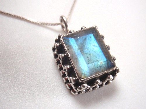 Labradorite 925 Sterling Silver Rectangle Pendant with Silver Dot Accents