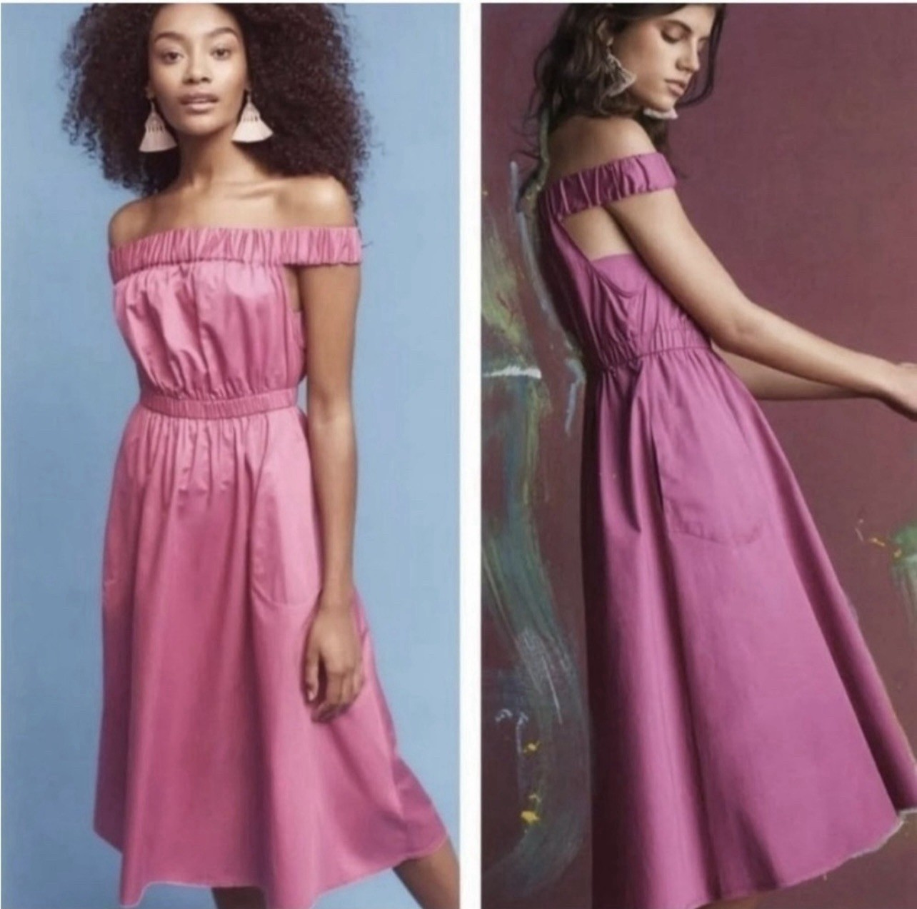 Maeve Anthropologie Mona Fuchsia Fit & Flare Off-The-Shoulder Dress Sz Small