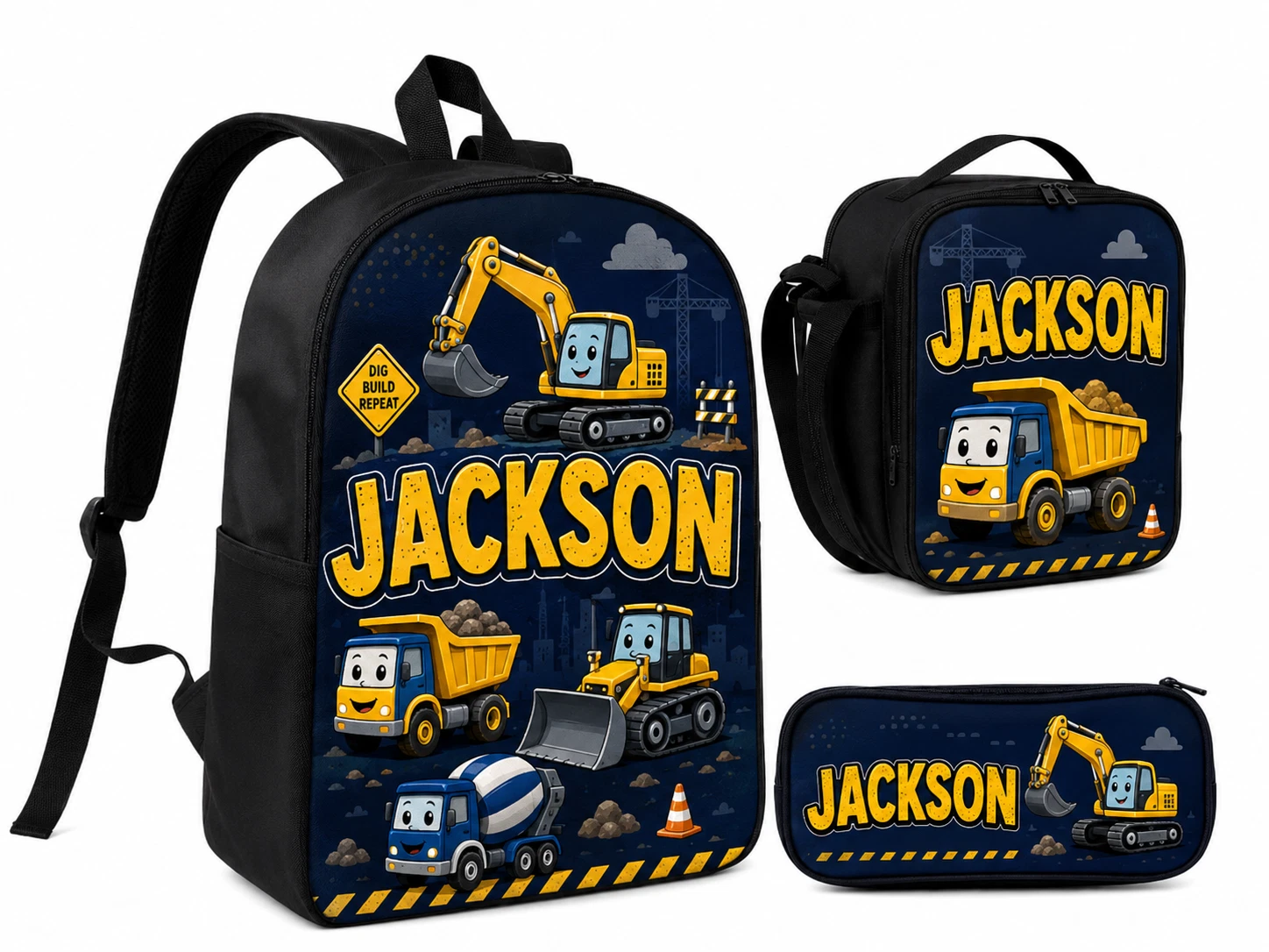 Personalized Construction Backpack Set 3PCS Kids School Bag Lunch Bag
