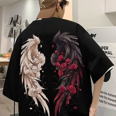 Men's Wing Pattern Printed T-shirt, Casual Short Sleeved Round Neck T-shirt, Sum