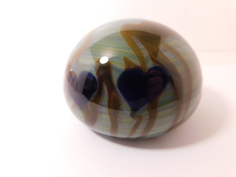 Signed C. Walters 84' Blue HEARTS & Yellowish/Brown Vines Art Glass Paperweight