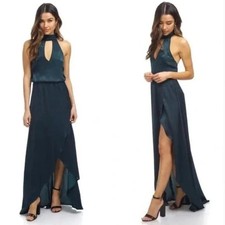 Show Me Your Mumu Karolina Collar Maxi Dress XS Deep Green Satin Hi Low Hem