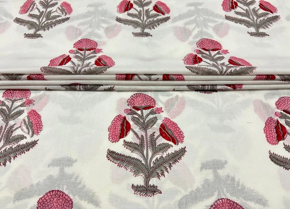 By 5 Yard Hand Block Print Handmade Cotton Indian Natural Sanganeri Print Fabric - Image 2 of 4