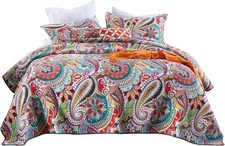 Qucover Cotton Quilt Set, Queen Size, Multicolor Paisley, Boho Style, Soft