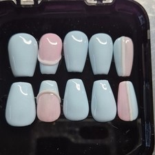 Light Blue Pink White Shiny Square Press-On Nails Set Pre-Designed Full Cover