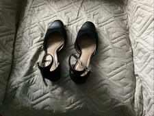 Faux Suede Black 2 Inch High Healed Shoe With Closed Toe And Ankle Strap