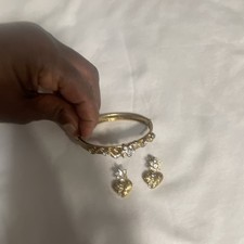 Gold Tone Hinged Bangle Bracelet w/ Heart Dan...