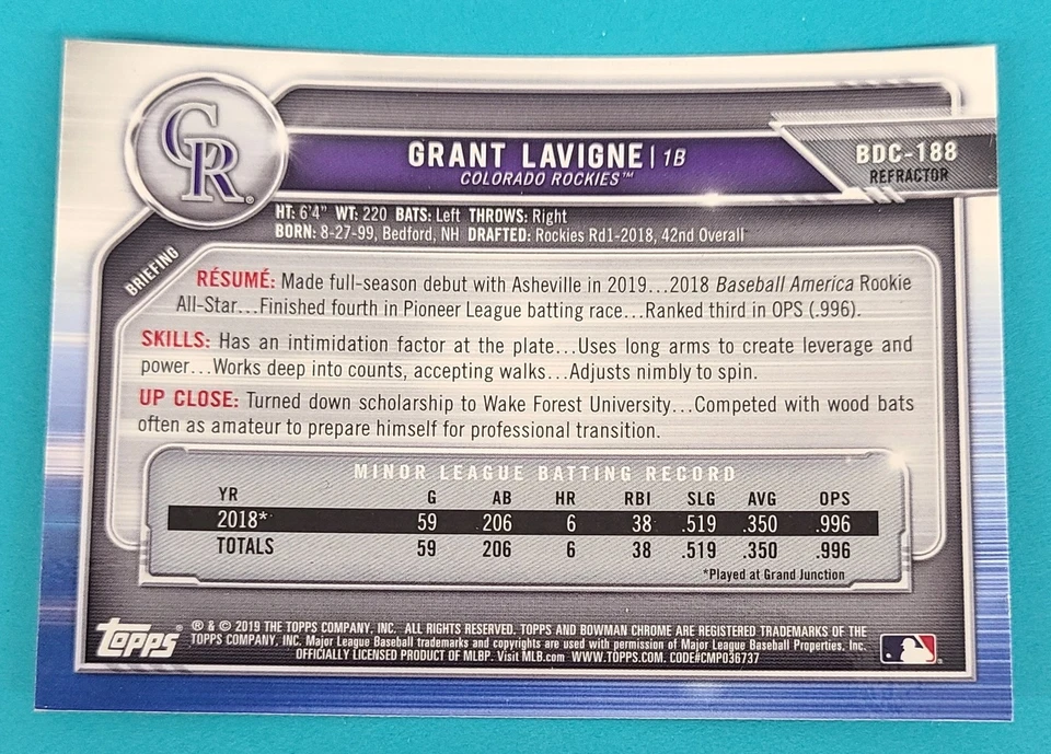 2019 Bowman Draft Chrome Refractor #BDC-188 Grant Lavigne BASEBALL Card S8 - Image 2 of 2