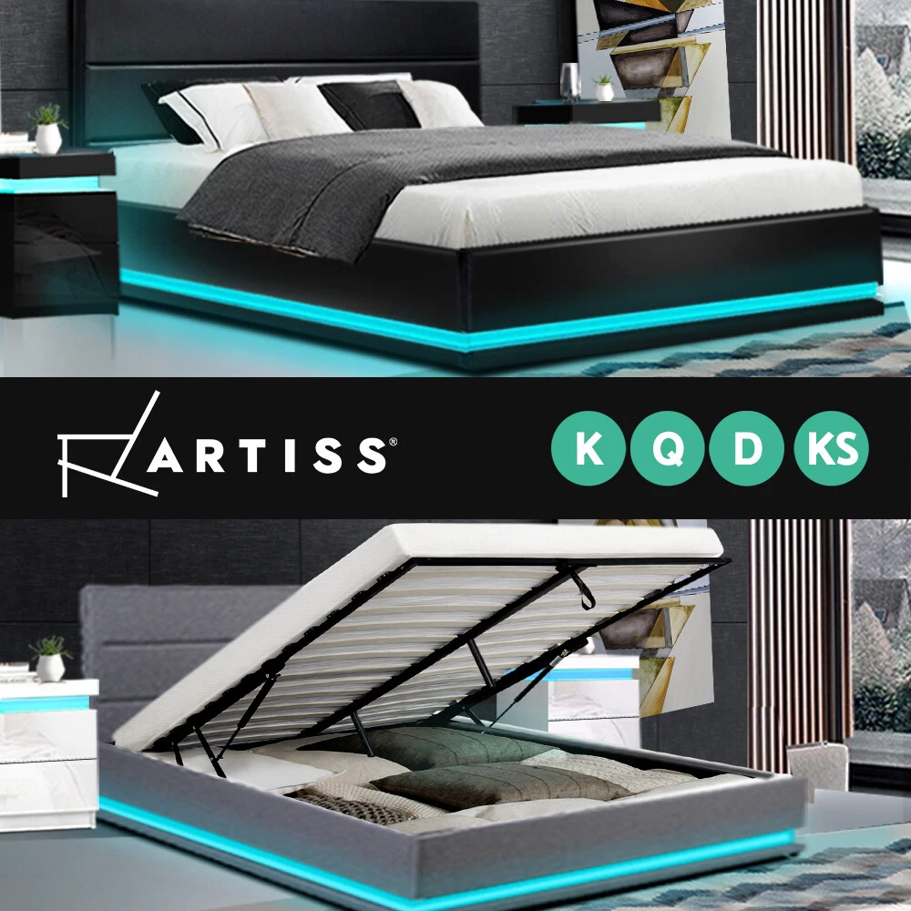 Artiss rgb led bed frame queen size gas lift base storage white leather lumi online