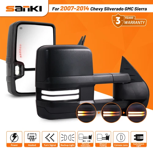 Tow Mirrors For 07-2014 Silverado Sierra Heated LED Switchback Light Black Pair