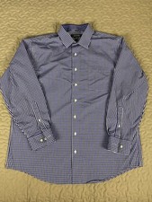Kenneth Cole Reaction Button Down Non Iron Dress Shirt XL 17.5 Blue Checkered