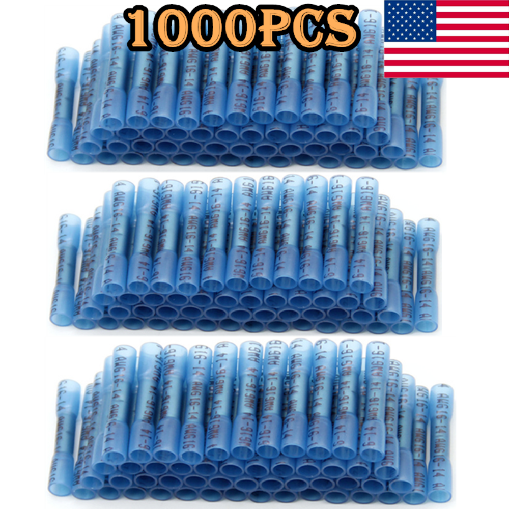 1000 Pcs Heat Shrink Butt Connectors, 16-14 AWG Waterproof Electrical Crimp Wire Splice For Marine Cable Wiring Tamano 16 14 Awg Blue