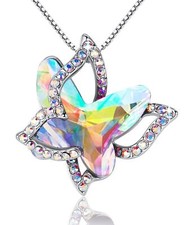 Gift Butterfly Birthstone Crystal Necklace, Silver Tone with 18  2  