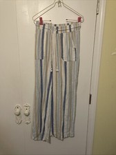 Indigo Rein Linen MEDIUM Drawstring Wide Leg Pants With Stripes