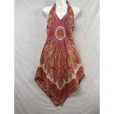Tommy Hilfiger Y2k Silk Halter Dress Womens M Orange Mandala Handkerchief Hem