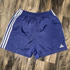 Vintage 90s Adidas Navy Blue 3-Stripes Satin Nylon Soccer Shorts Size M
