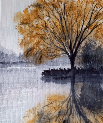 paingtingLandscape watercolor autumn river reflection gray day tree handmadeGift