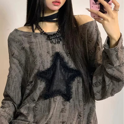 2000s Mall Goth Shirts y2k Off Shoulder Kpop Women Graphic Print Loose Emo Girle