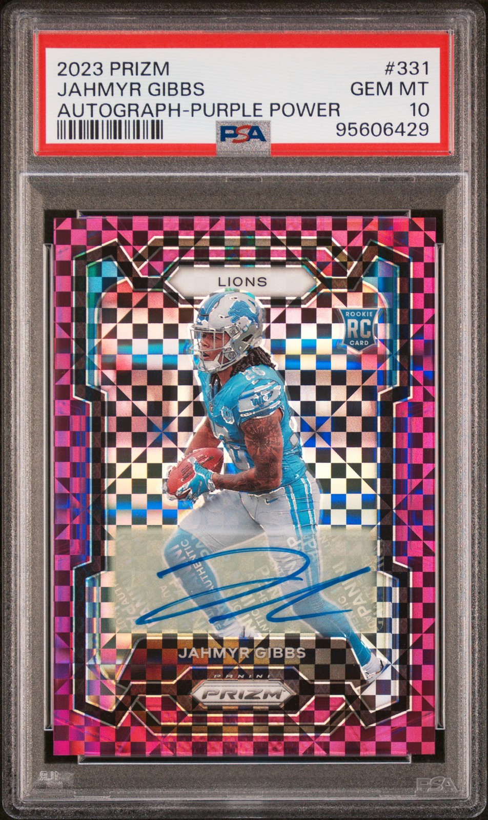 2023 PANINI PRIZM AUTOGRAPH JAHMYR GIBBS #/49 PURPLE POWER #331 RC PSA 10