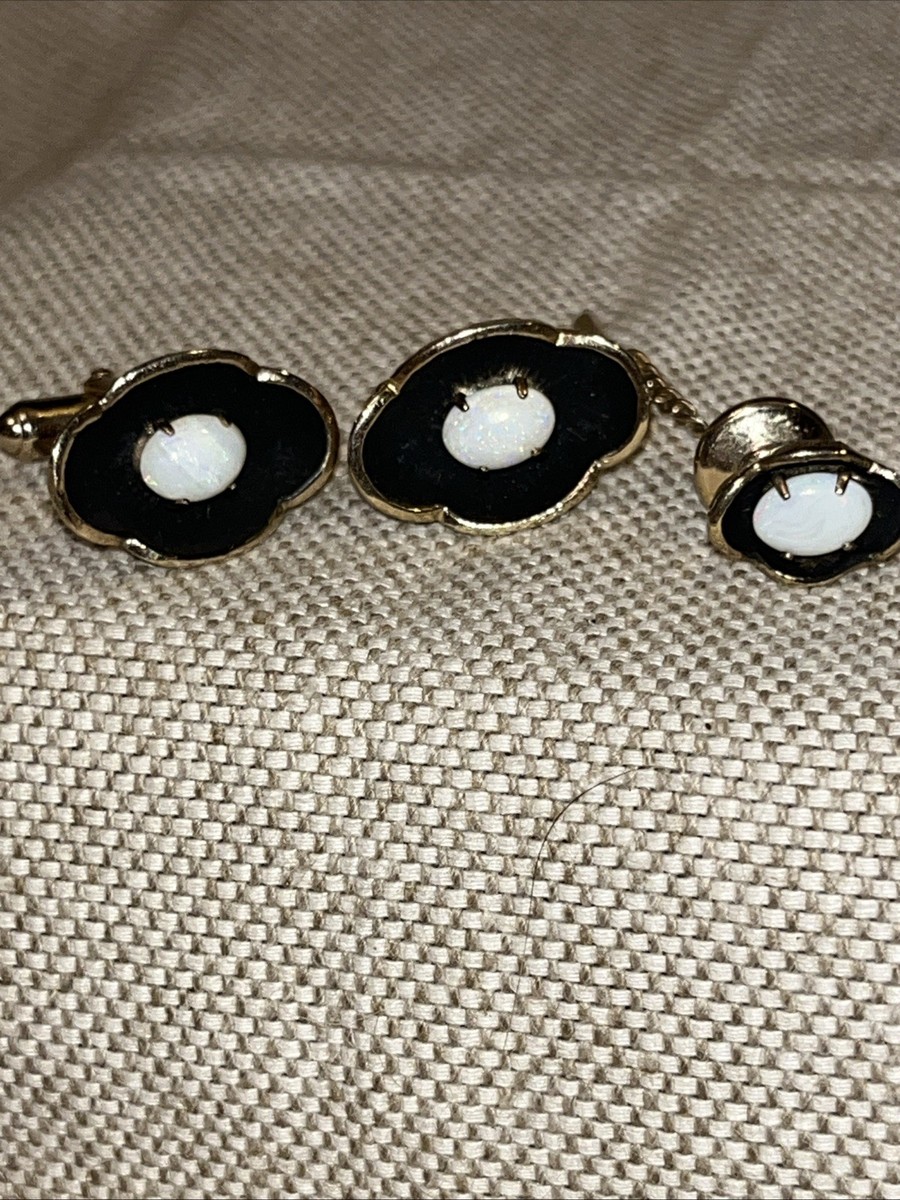 Anson Scalloped Opal Cufflinks Tie Tac Gold Tone VINTAGE SET