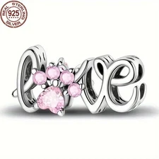 Pink Paw Print Love Script Charm S925 Sterling Silver Charm for Women